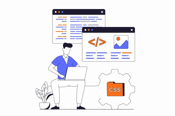 Web development concept with people scene in flat outline design. Man working with code and website layout on different screens using laptop. Illustration with line character situation for web