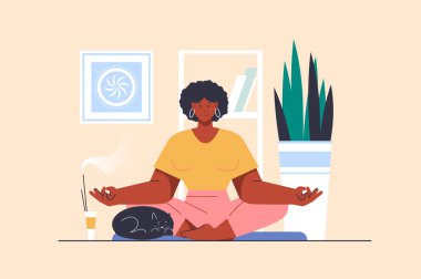Düz tasarımla insanların sahne aldığı yoga pratiği konsepti. Lotus pozisyonunda oturan ve evde meditasyon yapan bir kadın akıl sağlığını geliştirir. Web için karakter durumu olan vektör illüstrasyonu