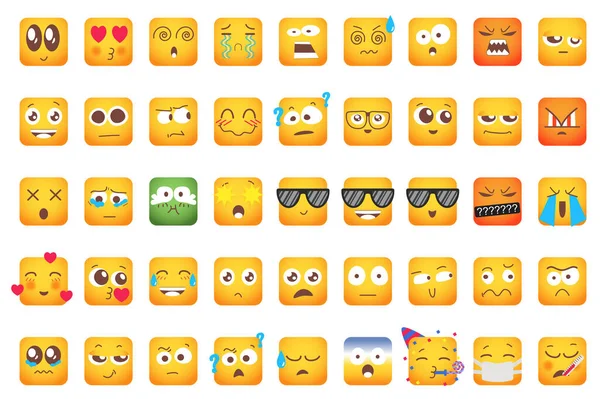 Emoji düz tasarımda izole edilmiş grafik elementler. İfade duyguları olan bir sürü farklı yüz ifadesi. Sevimli, öpücük, ağlama, çığlık atma, öfke, keyif alma, düşünme ve diğer şeyler. Görüntü.