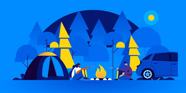 Pair of tourists sitting near bonfire and cooking marshmallow in camping at night. Man and woman at forest campsite or campground with tents and campfire. Flat illustration.