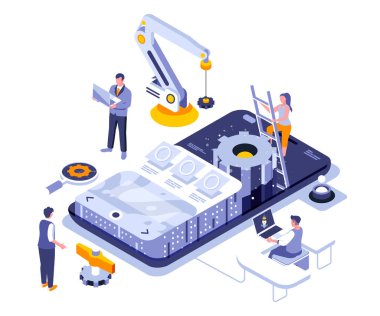 Uygulama geliştirme iniş sayfası şablonu. Mobil aygıt yazılım programlama web sitesi başlığı UI düzeni ve izometrik illüstrasyon. Gadget uygulama kodlama web flaması izometri kavramı