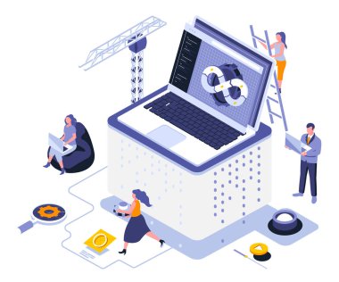 Web Geliştirme İniş sayfası şablonu. Program kullanılabilirliği ve performans web sitesi başlığı izometrik illüstrasyonlu UI düzeni. Fullstack uygulama mühendisliği, web pankartı izometri kavramını geliştirdi