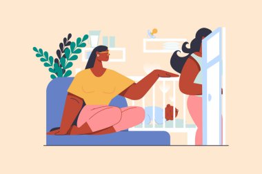 Dadı işi konsepti, düz dizaynlı insanların sahnesi. Kadın bebek bakıcısı olarak çalışıyor. Genç anne dadı servisini kullanıyor ve küçük bebeği evde bırakıyor. Web için karakter durumu olan vektör illüstrasyonu