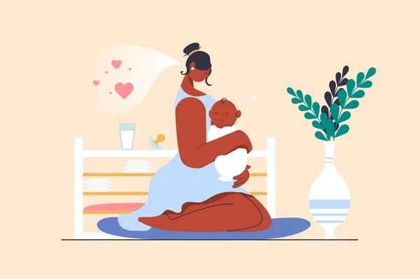 Motherhood concept with people scene in flat design. Young mother holding and hugging little newborn baby, enjoys her maternity and child care. Vector illustration with character situation for web