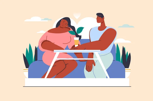 フラットデザインの人々のシーンとランデブーの概念でカップル ロマンチックな日付の女性と男はカフェでテーブルに座っています 話して いちゃつく ウェブのための文字の状況とベクターイラスト — ストックベクタ