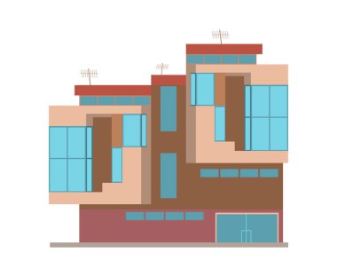 Şehir manzarası için cam pencereli modern tarzda dış bina. Vektör illüstrasyonu izole tasarımı