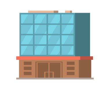 Alışveriş merkezi binası modern tarzda, cam cepheli. Vektör illüstrasyonu izole tasarımı