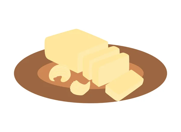 Natural Butter Cut Pieces Wooden Plate Dairy Products Vector Illustration — Stock Vector
