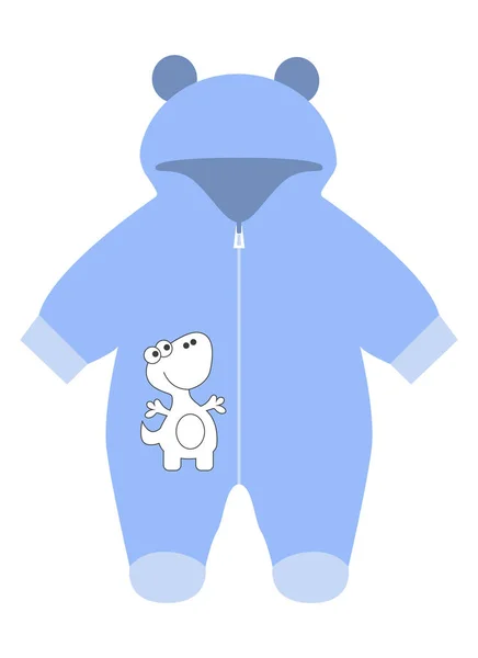 かわいい恐竜と耳を持つフードと赤ちゃん男の子青ジャンプスーツ 幼児用の服 ベクトル図絶縁型デザイン — ストックベクタ
