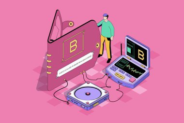 Bitcoin wallet concept in 3d isometric design. Man using secure electronic wallet for online transactions and earning cryptocurrency. Vector isometry illustration with people scene for web graphic clipart