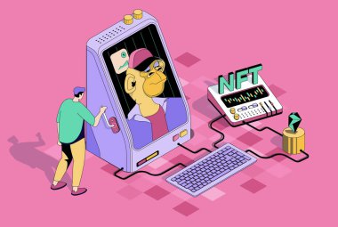 NFT teknoloji konsepti 3 boyutlu izometrik tasarım. Çevrimiçi pazarlarda eşsiz iadesiz jetonlarla dijital sanat eserleri alan bir adam. Web grafiği için insan sahnesi olan vektör izometri illüstrasyonu