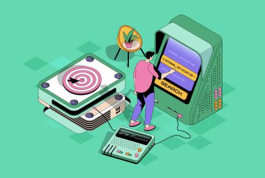 3D izometrik tasarımda Seo optimizasyon kavramı. Verileri ve anahtar kelimeleri analiz eden adam, genel arama sorguları için siteyi ayarlar ve optimize eder. Web grafiği için insan sahnesi olan vektör izometri illüstrasyonu