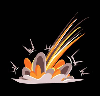 Düşen bomba etkisi, toz, gaz bulutları ve hareket izleri. Çizgi film tasarımında vektör illüstrasyonu