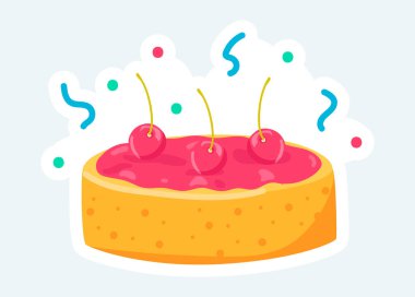 Üstünde çilek olan vişneli turta. Tatlı ve hamur işi. Çizgi film etiketi tasarımında vektör illüstrasyonu