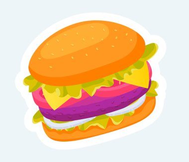 Lezzetli dolgulu hamburger. Fast food ve paket servis. Çizgi film etiketi tasarımında vektör illüstrasyonu