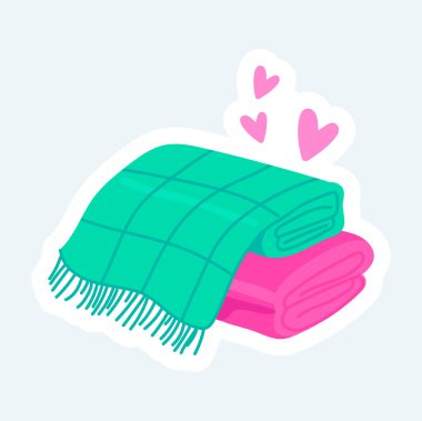 Sıcak yün battaniyeler ya da güzel ekose kumaşlar. Sıcak ev ortamları. Çizgi film etiketi tasarımında vektör illüstrasyonu