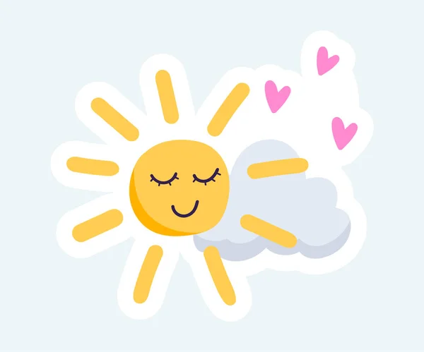 かわいい顔と雲と素敵な太陽 春と夏の自然シーズン 漫画のステッカーデザインのベクトルイラスト — ストックベクタ