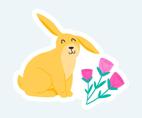 Sevimli Tavşan Tavşan Gül Çiçeklerinin Yanında Oturur Bahar Mevsimi Çizgi — Stok Vektör