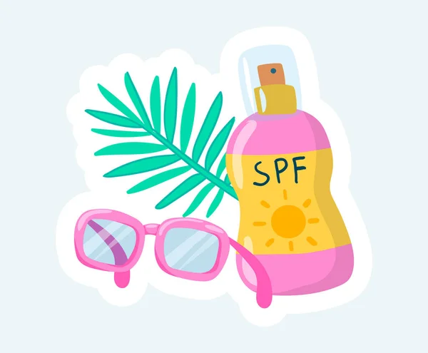 Sunscreen Pink Bottle Sunglasses Palm Leaf Summertime Rest Vector Illustration — Stock Vector