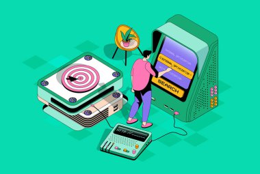 Seo optimization concept in 3d isometric design. Man analyzing data and keywords, settings and optimizes site for popular search queries. Isometry illustration with people scene for web graphic