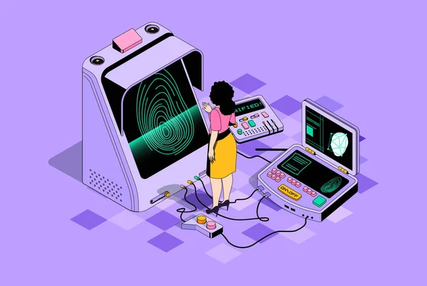 Biometric Control Concept Isometric Design Woman Uses Secure Access Fingerprint — Zdjęcie stockowe