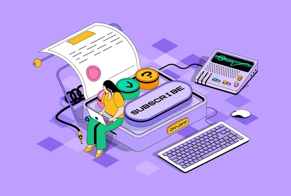 Electronic contract concept in 3d isometric design. Woman makes business deal and signing virtual documents and e-contract at laptop. Isometry illustration with people scene for web graphic