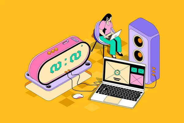 Freelance Working Concept Isometric Design Woman Working Project Using Laptop — Foto de Stock