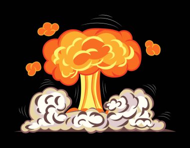 Atomic bomb explosion with dust and gas clouds and energy release trail. Illustration in comic cartoon design