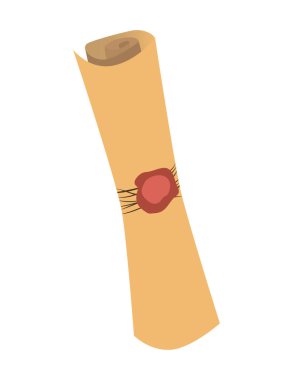 Antique papyrus scroll with wax seal and old rolled document. Illustration in cartoon design isolated
