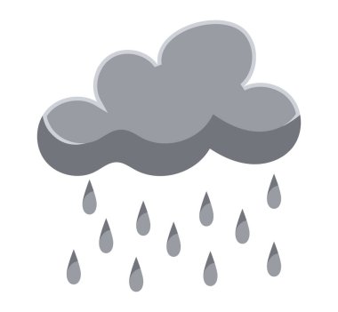 Gray cloud with falling drops, downpour and rain. Weather forecast element. Illustration in cartoon design