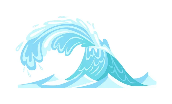 Water effect with high blue ocean wave, splashes and falling drops. Illustration in comic cartoon design