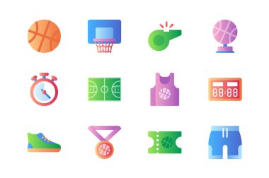 Basketball icons set in color flat design. Pack of ball, basket, whistle, cup, stopwatch, field, sportswear, scoreboard, sneakers, win medal and other. Vector pictograms for web sites and mobile app