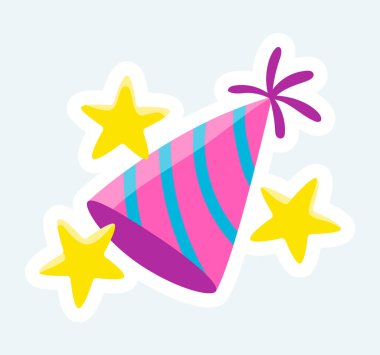 Cute striped festive hat with stars for celebrates birthday. Illustration in cartoon sticker design