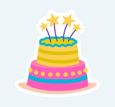 Birthday cake with stars candles for celebration party. Illustration in cartoon sticker design