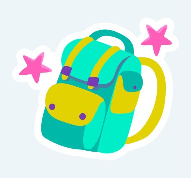 Cute schooldag or pupil backpack. Science and education. Illustration in cartoon sticker design