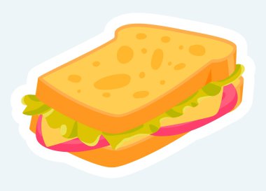 Sandwich with cheese, lettuce and other. Fast food and takeaway. Illustration in cartoon sticker design