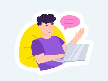 Happy man working on laptop or chatting online. Stay at home. Illustration in cartoon sticker design