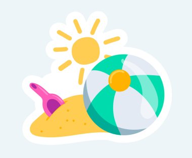 Ball and scoop in sand on sunny beach. Summer vacation. Illustration in cartoon sticker design