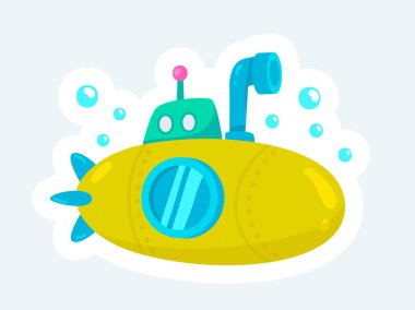 Cute yellow submarine with periscope. Underwater and sea transport. Illustration in cartoon sticker design