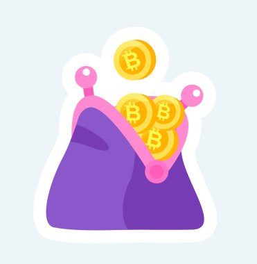 Wallet with golden bitcoins. Cryptocurrency and blockchain. Illustration in cartoon sticker design