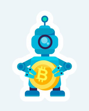 Crypto trading robot holds bitcoin. Cryptocurrency and blockchain. Illustration in cartoon sticker design