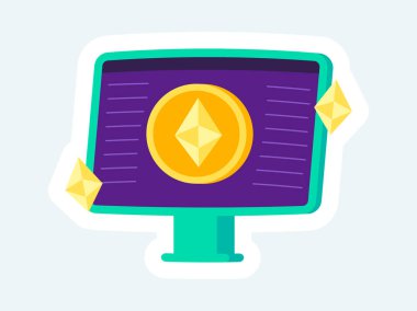 Monitor screen with ethereum symbol. Cryptocurrency and blockchain. Illustration in cartoon sticker design