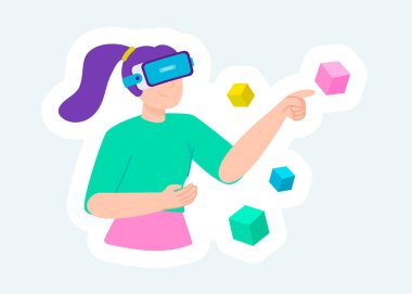 Woman in VR headset interacts in simulation of metaverse virtual reality. Illustration in cartoon sticker design