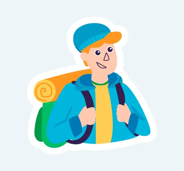 Happy tourist with camping backpack are hiking and travelling. Illustration in cartoon sticker design