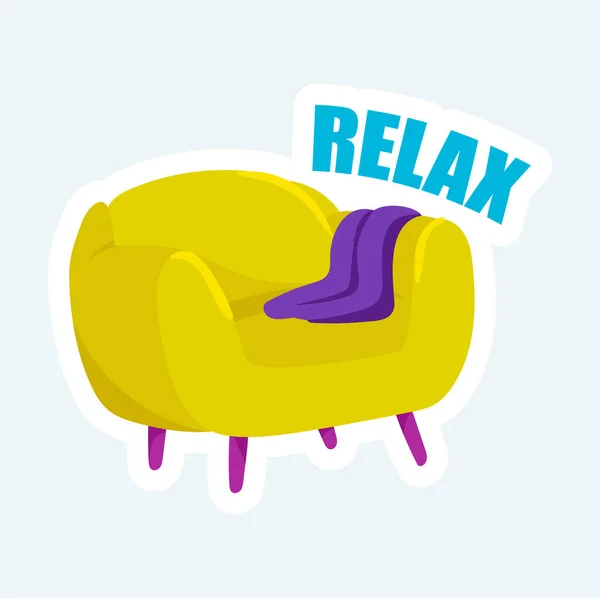 Comfort chair for relax and warm blanket. Cozy home elements. Illustration in cartoon sticker design