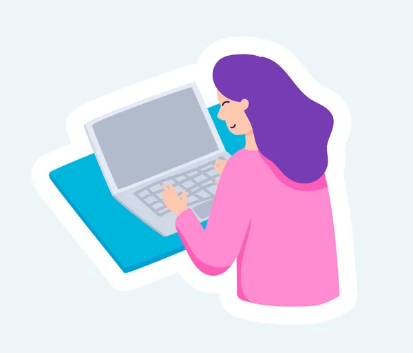 Happy Woman Working Online Using Laptop Stay Home Illustration Cartoon — Stockfoto