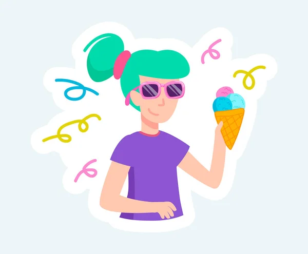 戴着太阳镜的快乐女人在吃冰淇淋 夏天的休息 漫画贴纸设计图解 — 图库照片