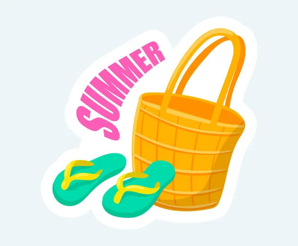 Wicker Bag Flip Flops Beach Summertime Rest Illustration Cartoon Sticker — Stock Photo, Image
