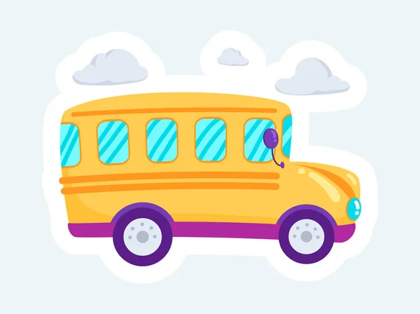 Cute yellow school bus. City public transport and transportation. Illustration in cartoon sticker design
