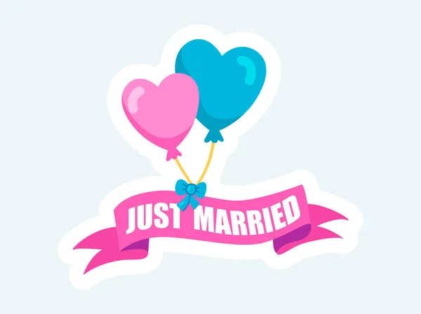 Just married text ribbon with and balloons. Wedding celebration. Illustration in cartoon sticker design